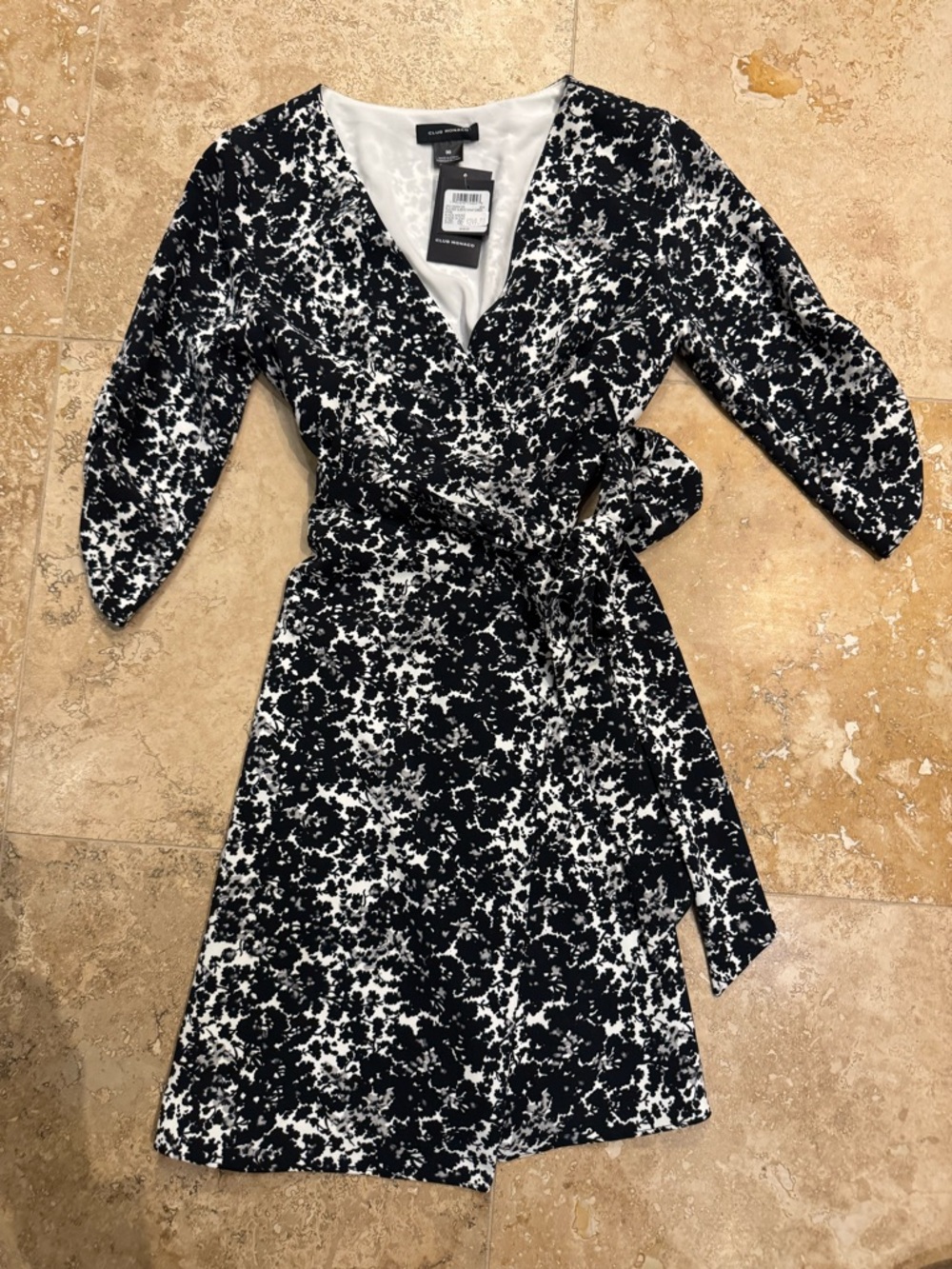 Club Monaco Black & White Floral-Print Wrap Dress
